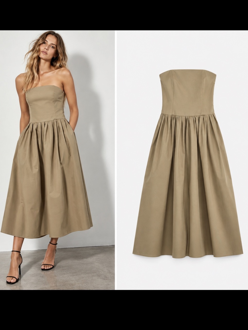 Zara Strapless Poplin Midi Dress Khaki Beige Fit & Flare Size M NWT